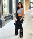 Sexy Studded PU Leather Wide Leg Pants - High-Waisted with Buttoned, Pocket Design