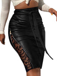 Above Knee Black PU Leather High Waist Bodycon Front Slit Mesh Elegant Midi Skirt - Alt Style Clothing