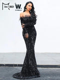 Sexy Off Shoulder Feather Long Sleeve Sequin Dress Floor Length - Alt Style Clothing
