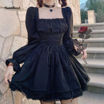 Gothic Vintage Black Dress with Batwing Sleeves and Bow Detail