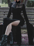 Long Dress Black High Waist Flared Sleeve Lace Cutout Gothic Maxi Dress - Alt Style Clothing