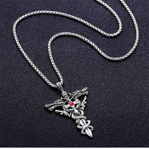 Gothic Double Dragon Cross Sword Pendant Necklace