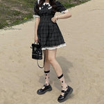 Classic Japan Style Lace Short Sleeve Tunic Plaid Vintage Sweet Gothic Dress - Alt Style Clothing