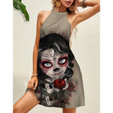 Vintage Skull Face Sleeveless Lace-Up Halter Mini Dress