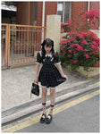 Classic Japan Style Lace Short Sleeve Tunic Plaid Vintage Sweet Gothic Dress - Alt Style Clothing