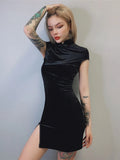 Goth Chinese Style Skinny Mini Dress - Velvet Sheath Slim Fit