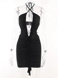 Hollow Out Ruffle Halter Backless Bodycon Mini Dress