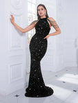 Sexy Halter Sleeveless Party Stretch Sequin Long Evening Prom Dress