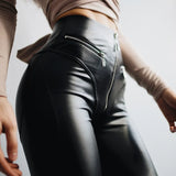 Low-Waisted Black PU Coated Faux Leather Skinny Pants – Stretch Fit with Unique Details