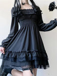 Gothic Square Collar Puff Sleeve Midi Dress with Bow Detail