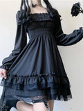 Gothic Square Collar Puff Sleeve Midi Dress with Bow Detail