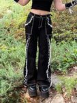 Gothic Lace-Up Patchwork Bandage Boot Cut Trousers - Distressed Streetwear Jeans