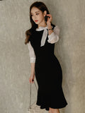 Stitched Bow Tie Seven-Point Sleeve Temperament Bag Hip Fishtail Dress
