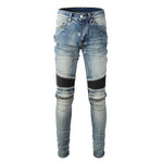 Ripped Patchwork Biker Jeans with Zipper Detailing - Slim Fit Moto Style