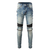 Ripped Patchwork Biker Jeans with Zipper Detailing - Slim Fit Moto Style