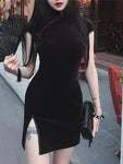 Goth Chinese Style Skinny Mini Dress - Velvet Sheath Slim Fit