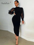 Nadafair Mesh Puff Sleeve Sexy Bodycon Dress - Alt Style Clothing