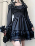 Gothic Square Collar Puff Sleeve Midi Dress with Bow Detail