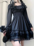 Gothic Square Collar Puff Sleeve Midi Dress with Bow Detail