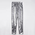 High-Waisted Silver Bright Pencil Pants - Stretchy and Perfect for Party or Club Wear