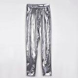 High-Waisted Silver Bright Pencil Pants - Stretchy and Perfect for Party or Club Wear