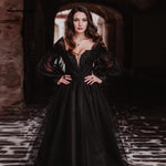 Puffy Long Sleeve Beaded Gothic Bridal Dress