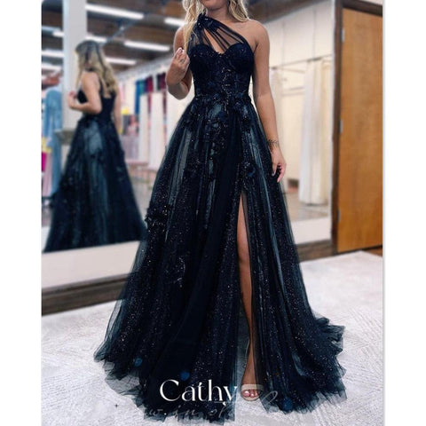 A-line Prom Dress Dark Evening Dress Sexy One Shoulder Side Split - Alt Style Clothing