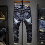 Dark Blue Slim Fit Distressed Jeans for Men - Broken Holes and Ripped with Hip Stretch - Alt Style Clothing