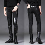 Casual Gothic Streetwear Slim Jeans with Leather Patchwork and Zipper Detailing - Alt Style Clothing