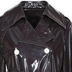 Long Black Patent Leather Trench Coat with Double Breasted Buttons