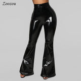 High-Waisted Flare Pants in Black PU Patent Leather - Sexy and Slim Fit