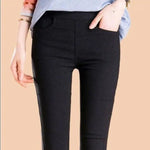 Casual Stretch Pants with Elastic High Waist and Metal Buttons