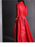 Long Skirted Faux Leather Trench Coat with Double Breasted Design for Women - Elegant and Luxurious - Alt Style Clothing