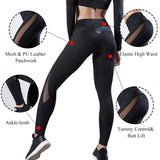 High-Waisted Femme Fitness Leggings - Solid Color with Mesh and PU Leather Patchwork Design - Alt Style Clothing