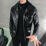 Shiny Solid Color Slim Fit Leather Jacket for Nightclub Wear - Alt Style Clothing
