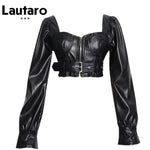 Faux Leather Crop Top  Square Neck Long Sleeve Zipper