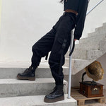 Gothic Cargo Pants with Elastic High Waist and Pockets - Loose Fit