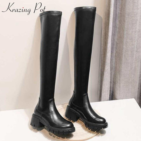 Leather Stretch Over-the-knee Boots Round Toe High Heels
