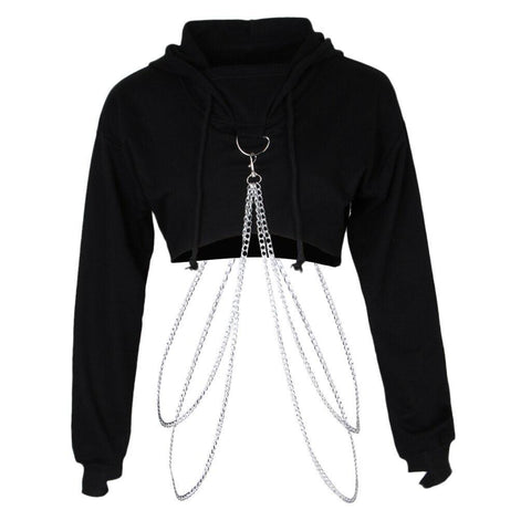 Long Sleeve Pullover Hoodie Crop Top With Metal Chain - Alt Style Clothing