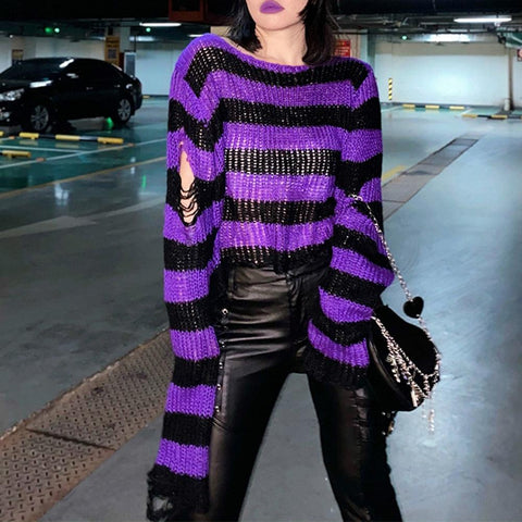 Unleash Your Inner Rebel with Our Punk Gothic Striped Hollow Knit Sweater