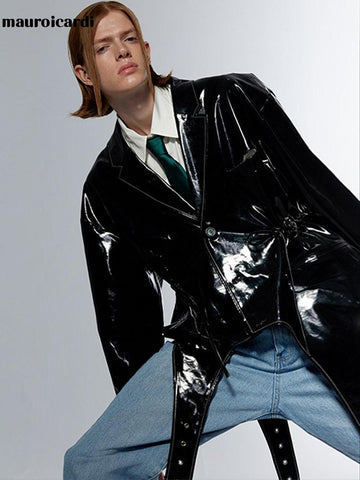 Oversized Black Soft Reflective Shiny Patent Faux Leather Jacket