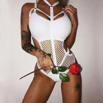 Ellolace Sheer Knit Fishnet Mesh Bodysuit with Hollow Out Sleeves