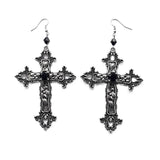 Goth Inverted Crucifix Teardrop Dangle Earrings With Black Crystal - Alt Style Clothing