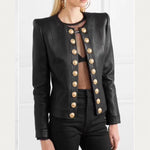 Double Breasted Leather Jacket with Metal Buttons, Soft Real Leather and Round Neck - Alt Style Clothing