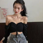 Sexy Sweet Pleated Soild Navel Exposed Chiffon Long Sleeves Top - Alt Style Clothing