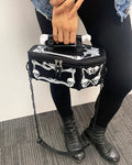 Black Pu Leather Shoulder Bag with Skull Coffin Casket Shaped Clutch with Chain Strap