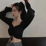 Sexy Sweet Pleated Soild Navel Exposed Chiffon Long Sleeves Top - Alt Style Clothing
