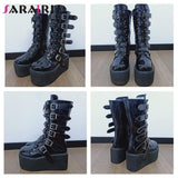 Gothic Punk Mid Calf Boots For Women With Platform Bottom Wedges - Alt Style Clothing