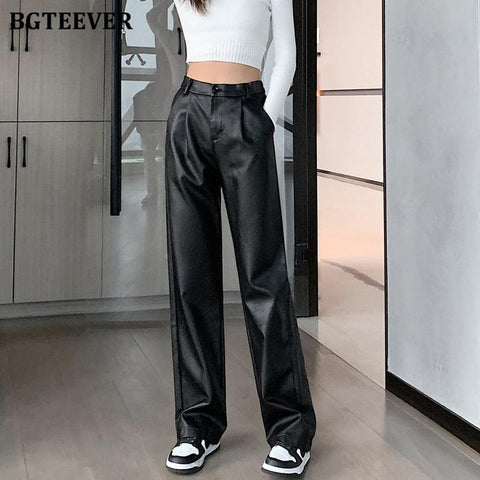 Stylish High-Waisted PU Leather Trousers for Women - Chic and Loose Fit Design - Alt Style Clothing