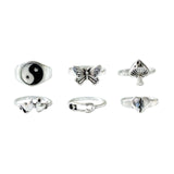 Neo-Gothic 14-Piece Set of Mixed Yin Yang Figures, Feathered Elephants, Stars, Moons, and Sun Ring - Alt Style Clothing